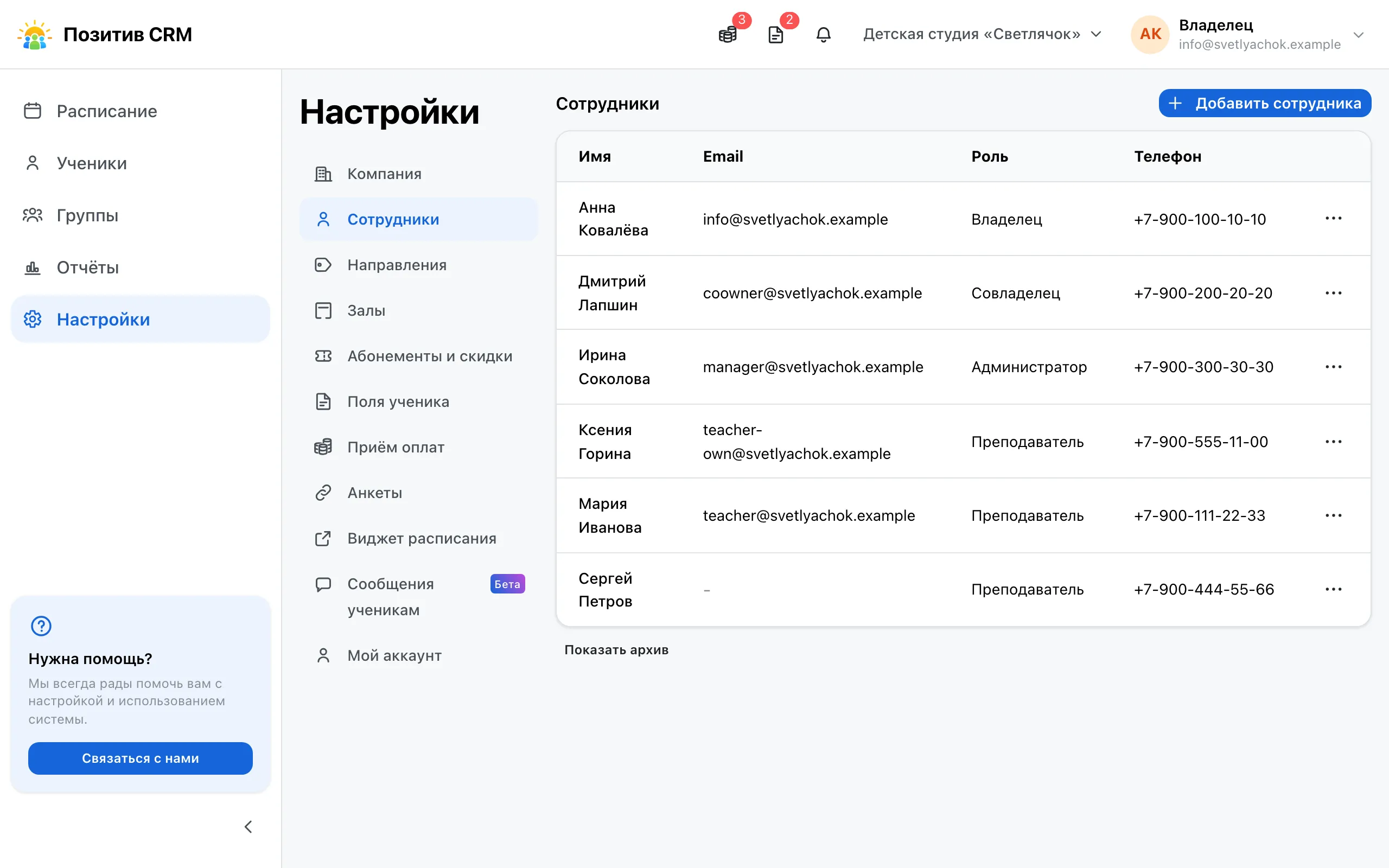 Состав сотрудников: имена, адреса почты и роль у каждого